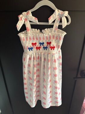 Girls' White Red & Blue Bow Tie-Shoulder Smocked Dress